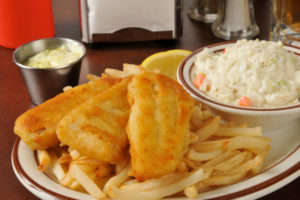 Fish and chips with coleslaw